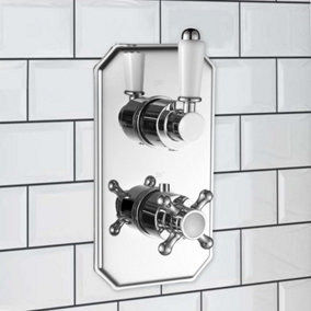 ENKI Regent Chrome White Crosshead 2-Outlet Solid Brass Thermostatic Twin Shower Valve TSV028