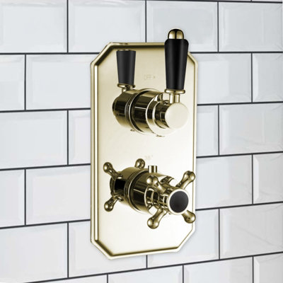 ENKI Regent English Gold Black Traditional Crosshead Single Outlet Brass Thermostatic Twin Shower Valve TSV039