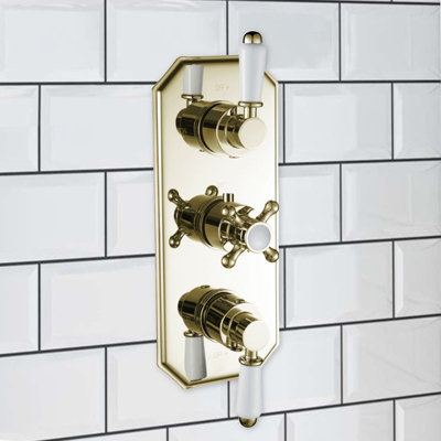 ENKI Regent English Gold White Crosshead 2-Outlet Solid Brass Thermostatic Triple Shower Valve TSV037