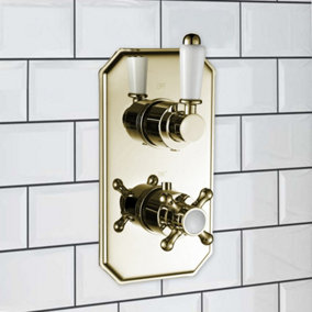 ENKI Regent English Gold White Crosshead 2-Outlet Solid Brass Thermostatic Twin Shower Valve TSV036