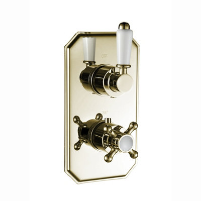 ENKI Regent English Gold White Crosshead 2-Outlet Solid Brass Thermostatic Twin Shower Valve TSV036