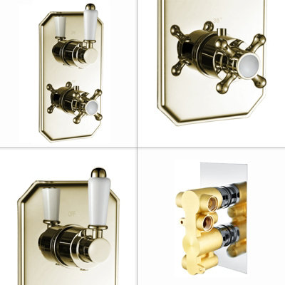 ENKI Regent English Gold White Crosshead 2-Outlet Solid Brass Thermostatic Twin Shower Valve TSV036 - 5