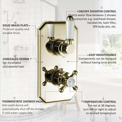 ENKI Regent English Gold White Crosshead 2-Outlet Solid Brass Thermostatic Twin Shower Valve TSV036 - 6