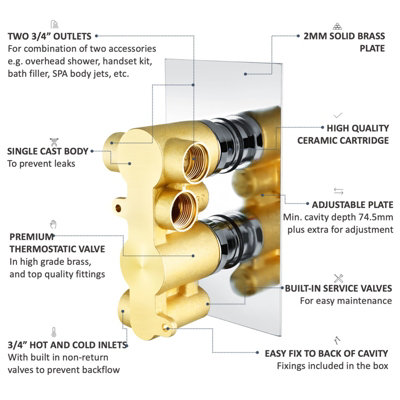 ENKI Regent English Gold White Crosshead 2-Outlet Solid Brass Thermostatic Twin Shower Valve TSV036 - 7