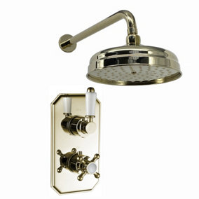 ENKI Regent Gold Traditional Crosshead Ceiling Fixed Brass Thermostatic Shower Set 8"