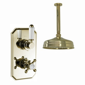 ENKI Regent Gold Traditional Crosshead Ceiling Fixed Solid Brass Thermostatic Shower Set 8"