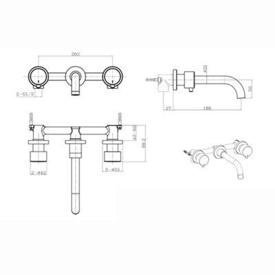 ENKI Sienna Brushed Brass Contemporary Wall Mounted Brass Basin Mixer Tap BT0905 - 3