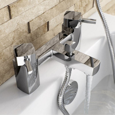 ENKI, Stella, BBT0012, Chrome, Bath Shower Mixer Taps with Twin Rigid Riser Shower Attachment, Solid Brass, Easy Clean
