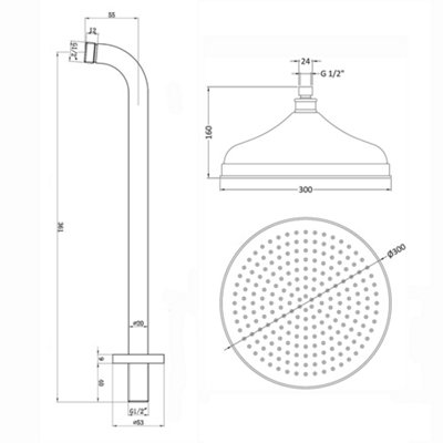 ENKI Traditional Antique Bronze Fixed Wall Mounted Brass Shower Head & Arm 300mm