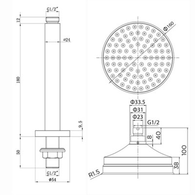 ENKI Traditional Chrome Fixed Ceiling Mounted Brass Shower Head 150mm - 6