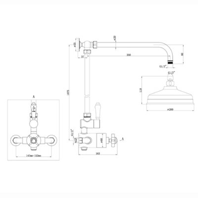 ENKI Trafalgar Antique Bronze Traditional Angled Brass Thermostatic Rain Shower Set 200mm - 4
