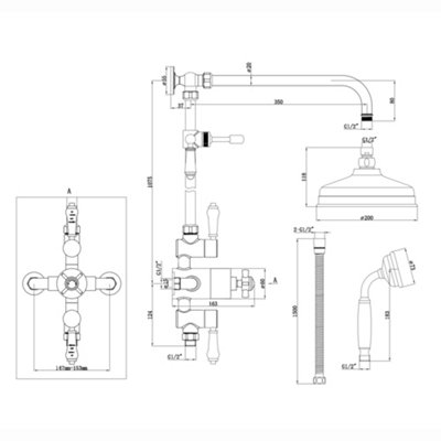 ENKI Trafalgar Chrome Traditional 2-Outlet Brass Thermostatic Rain Shower Set 200mm - 5