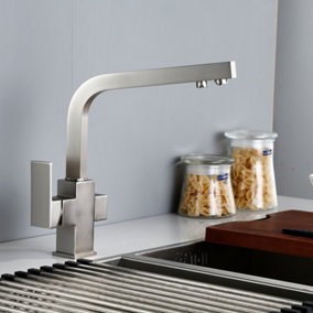 ENKI Turin Modern Brushed Nickel Square 3-Way Filter Mixer Tap for Kitchen Sink