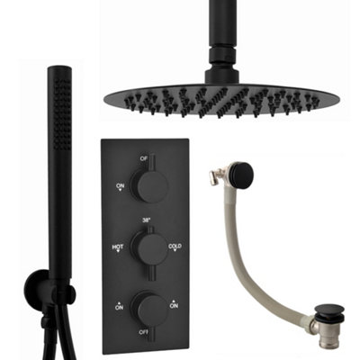 ENKI Venice Black Round Wall Fixed Thermostatic Shower Slider Rail Set 8"