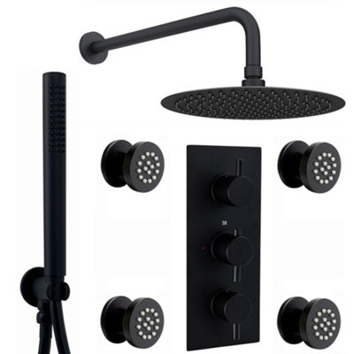 ENKI Venice Matt Black Modern Bathroom Brass Wall Mounted Concealed Thermostatic Shower Mixer Valve w/ Fixed Head & Handset SH0169 Price Comparisons | Compare The Build