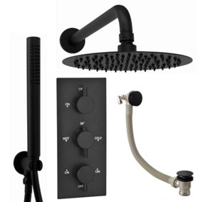 ENKI Venice Matte Black Round Wall Fixed Thermostatic Handheld Shower Set 8"