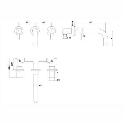ENKI Zara Chrome Contemporary Wall Mounted 3-Hole Brass Twin Lever Basin Mixer Tap BT9705