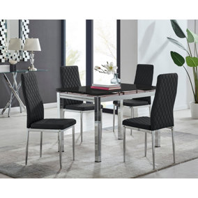 Enna Black Glass Extending Dining Table and 4 Black Milan Chairs