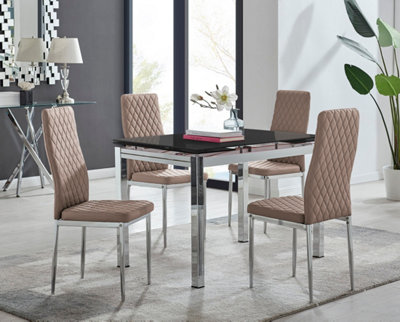 Enna Black Glass Extending Dining Table and 4 Cappuccino Milan Chairs