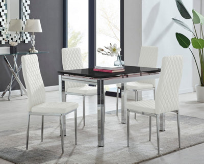 Enna Black Glass Extending Dining Table and 4 White Milan Chairs