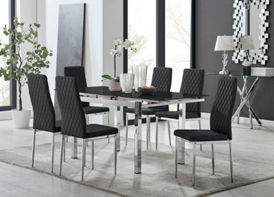 Enna Black Glass Extending Dining Table and 6 Black Milan Chairs