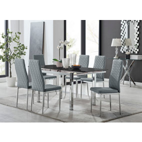 Enna Black Glass Extending Dining Table and 6 Grey Milan Chairs