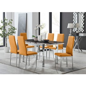 Enna Black Glass Extending Dining Table and 6 Mustard Milan Chairs