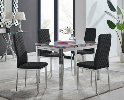 Enna White Glass Extending Dining Table and 4 Black Milan Chairs