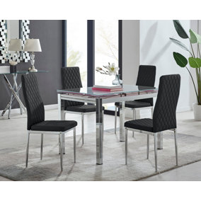 Enna White Glass Extending Dining Table and 4 Black Milan Chairs