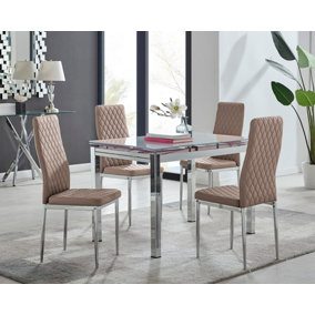Enna White Glass Extending Dining Table and 4 Cappuccino Milan Chairs