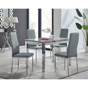 Enna White Glass Extending Dining Table and 4 Grey Milan Chairs