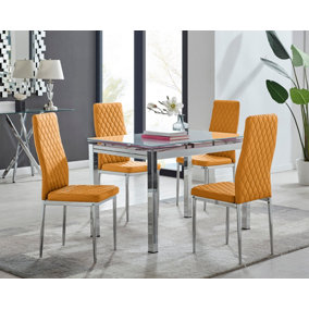 Enna White Glass Extending Dining Table and 4 Mustard Milan Chairs