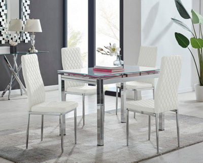 Enna White Glass Extending Dining Table and 4 White Milan Chairs