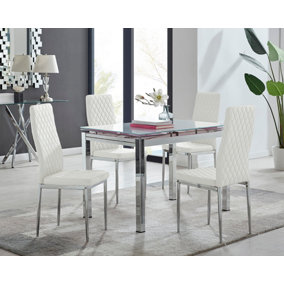 Enna White Glass Extending Dining Table and 4 White Milan Chairs