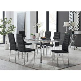 Enna White Glass Extending Dining Table and 6 Black Milan Chairs