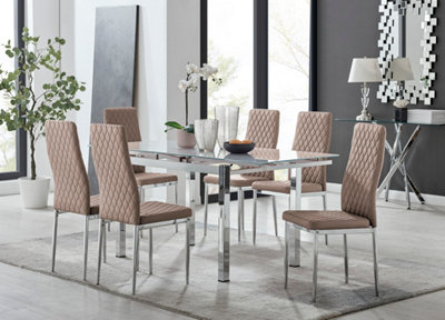Enna White Glass Extending Dining Table and 6 Cappuccino Milan Chairs