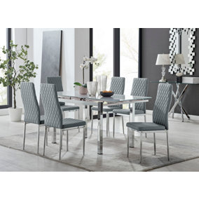 Enna White Glass Extending Dining Table and 6 Grey Milan Chairs