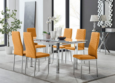 Enna White Glass Extending Dining Table and 6 Mustard Milan Chairs