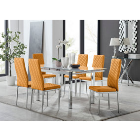 Enna White Glass Extending Dining Table and 6 Mustard Milan Chairs