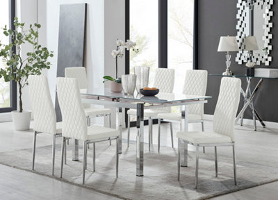 Enna White Glass Extending Dining Table and 6 White Milan Chairs