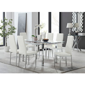 Enna White Glass Extending Dining Table and 6 White Milan Chairs
