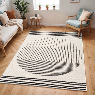 ENSO Round Scandi Geometric White/Black Rug 200 x 200 cm