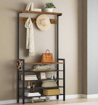 Entryway Coat Rack Stand with Shoe Storage Shelves - Industrial Hallway ...