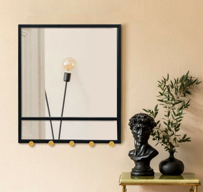 Entryway Mirror with Five Hooks,Black Metal Mirror( 52(W)x60(H)x7(D) cm)