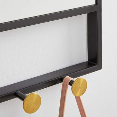 Entryway Mirror with Five Hooks,Black Metal Mirror( 52(W)x60(H)x7(D) cm)