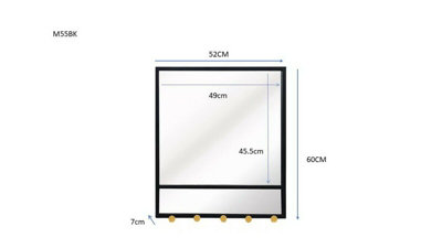 Entryway Mirror with Five Hooks,Black Metal Mirror( 52(W)x60(H)x7(D) cm)