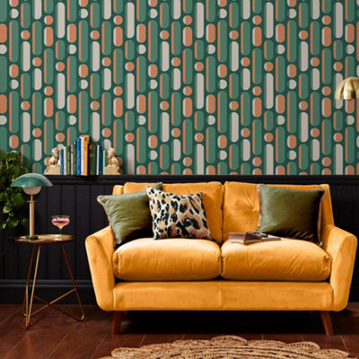 Envy Morse Bottle Tange Green Rust & Green Geometric Wallpaper