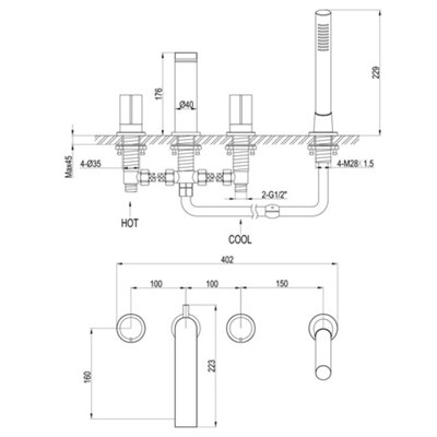 Enzo Black & Gold Round 4-Hole Deck Mounted Bath Shower Mixer Tap with Handset