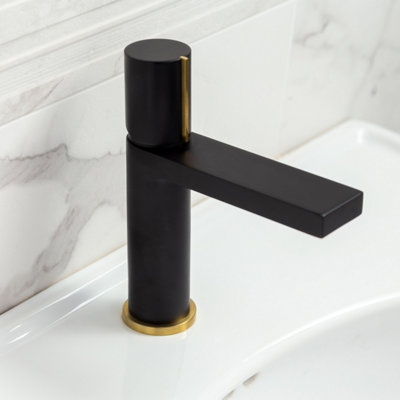 Enzo Black & Gold Round Deck-mounted Basin Mono Mixer Tap - 3