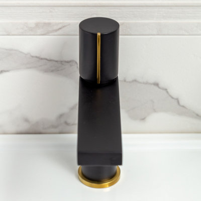 Enzo Black & Gold Round Deck-mounted Basin Mono Mixer Tap - 4